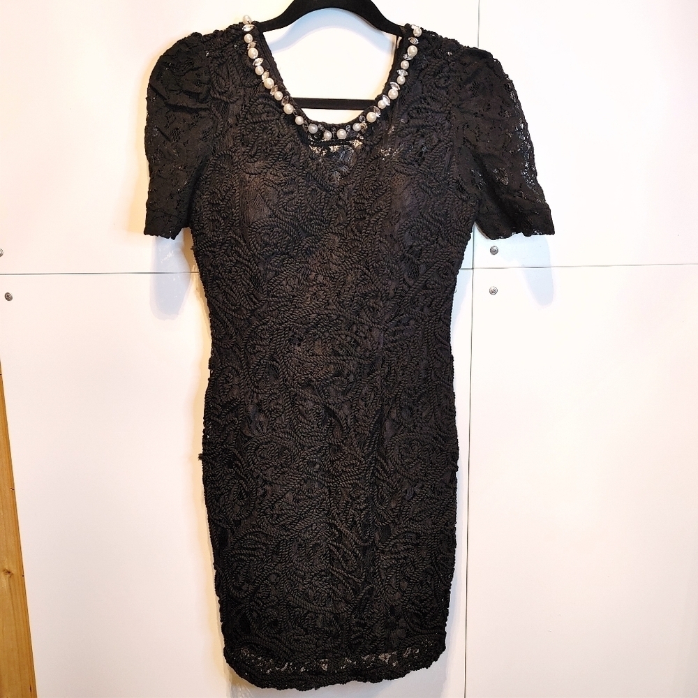 Black Lace Pearl Embellished Dress | Elegant LBD Cocktail Dress - Picture 6 of 8